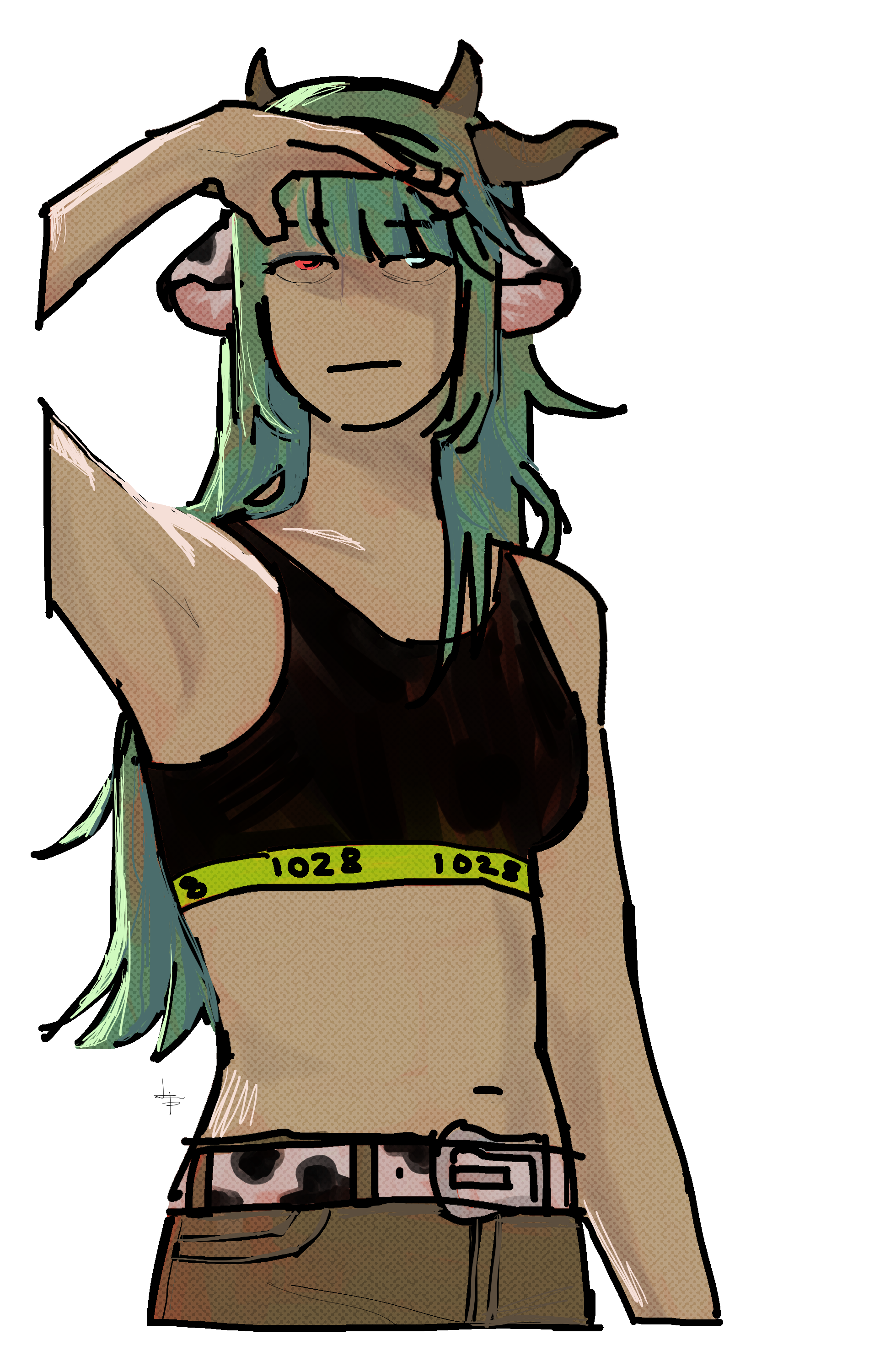 fanart of vtuber crelly from the waist up. she's wearing a sports bra and is shielding
	  her eyes from the sun with her hand.